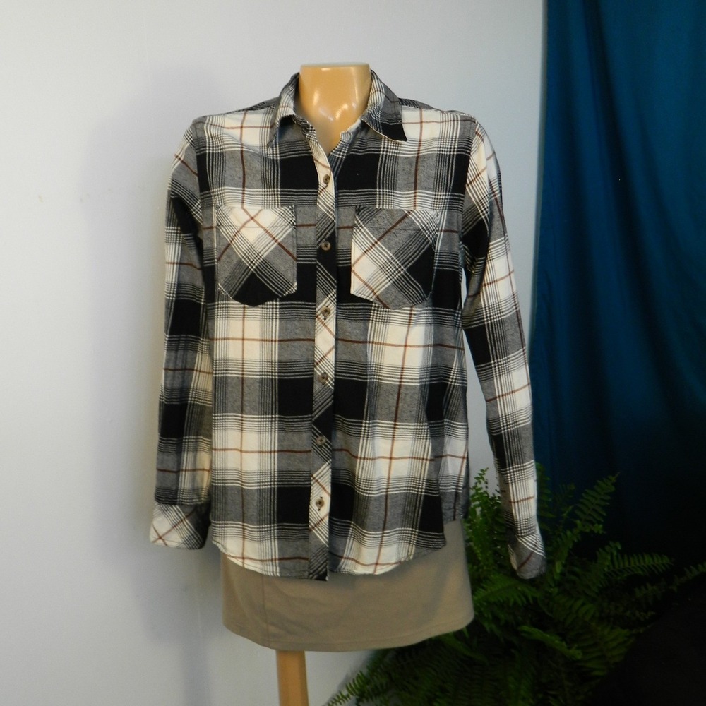 Natural Reflections Plaid Flannel Shirt Womens Small Black White Cotton Button